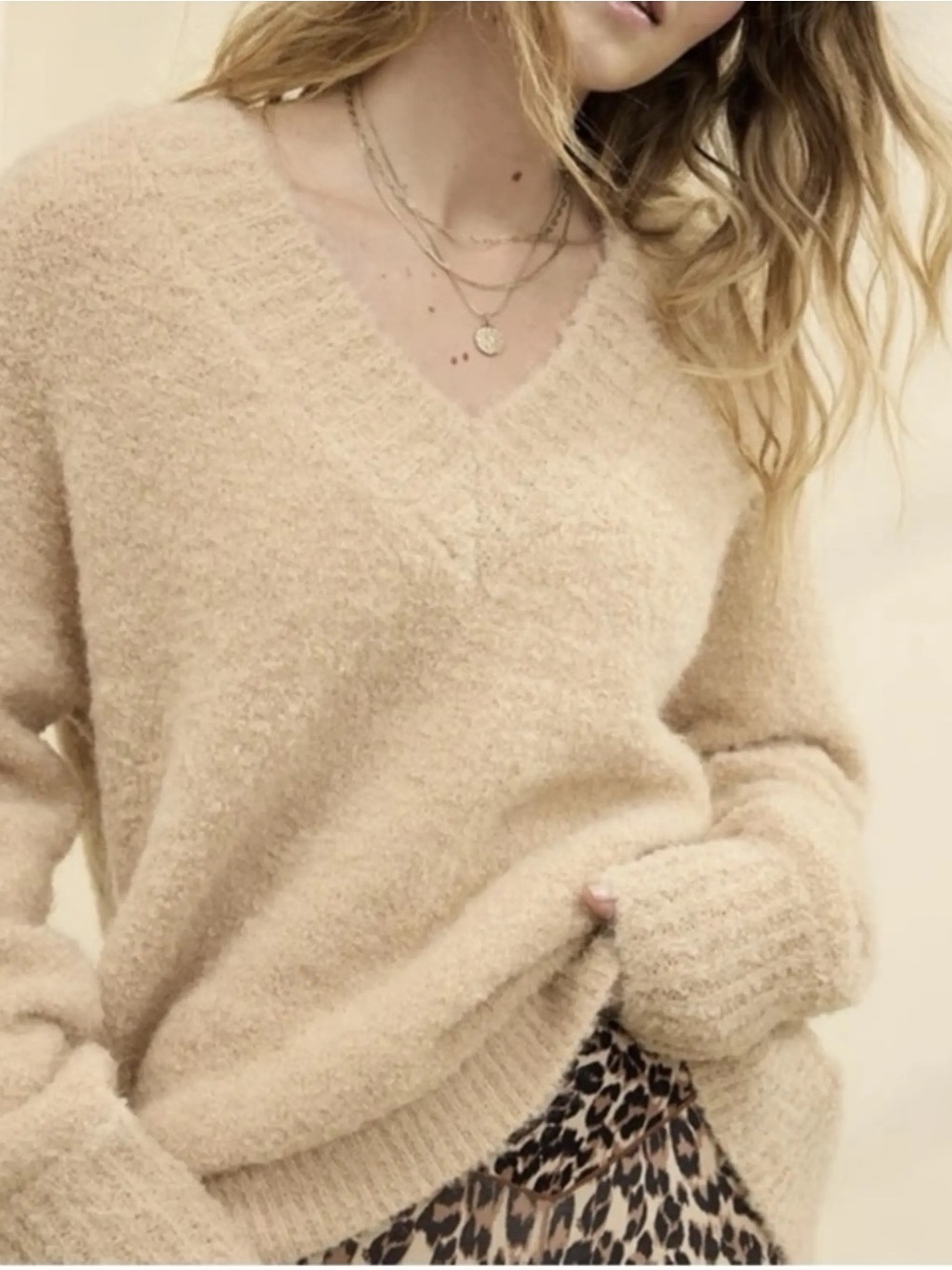 New Aerie Cozy V-Neck Teddy Boucle Oversized Sweater